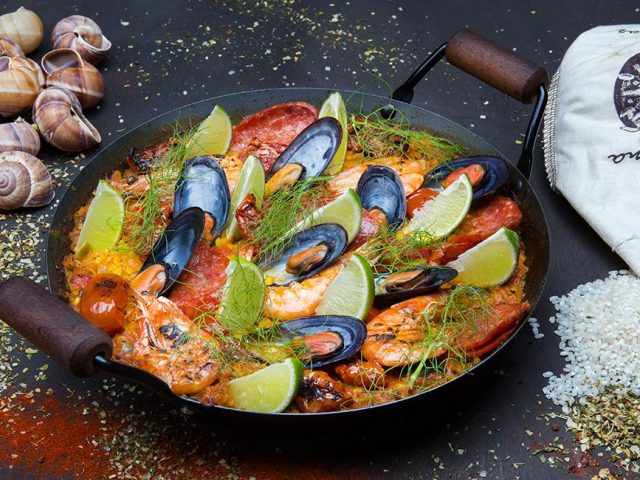 Seafood paella with escargots & chorizo, feature